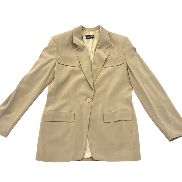 VTG Giorgio Armani Blazer Women 44 Beige One Button Wool Tailored Corporate Core - Picture 2 of 11
